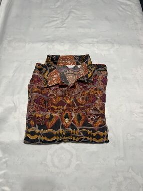 erin london Mesh Multicolor Tribal Print Button-Down Shirt - Rust, Black, Purple